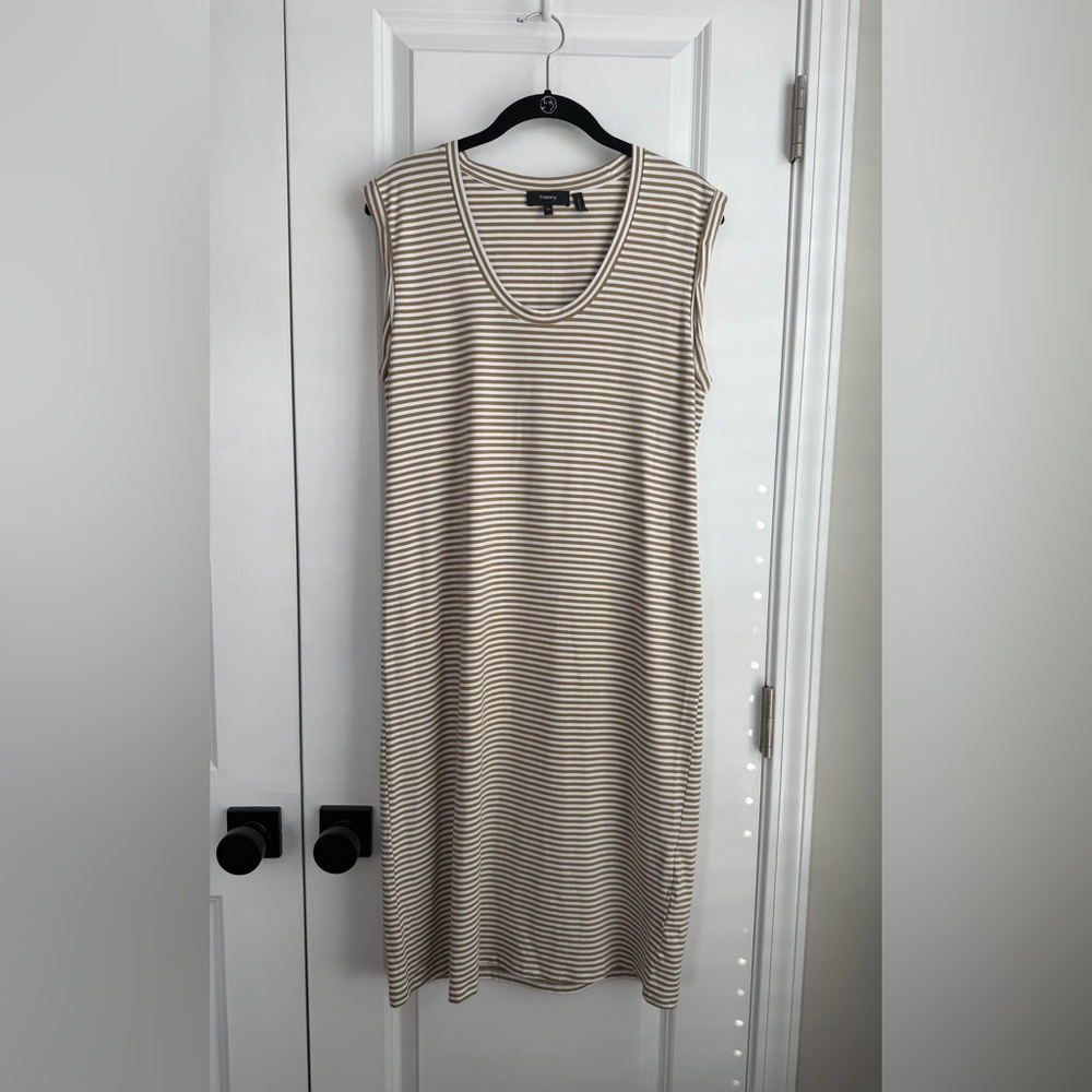Theory Cuff Scoop in Sandalwood White Stripe Modal Bengal T-Shirt Dress Size M
